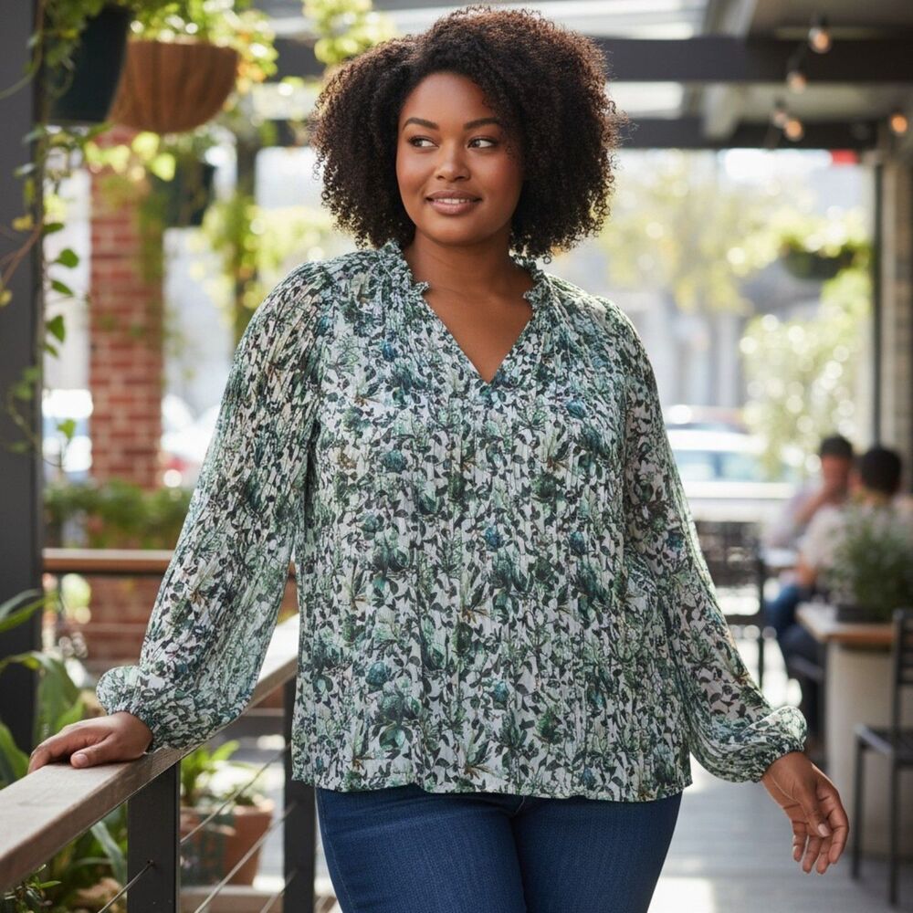 Philosophy by Republic Green Floral Long Sleeve Split Neck Pleated Blouse PXL
